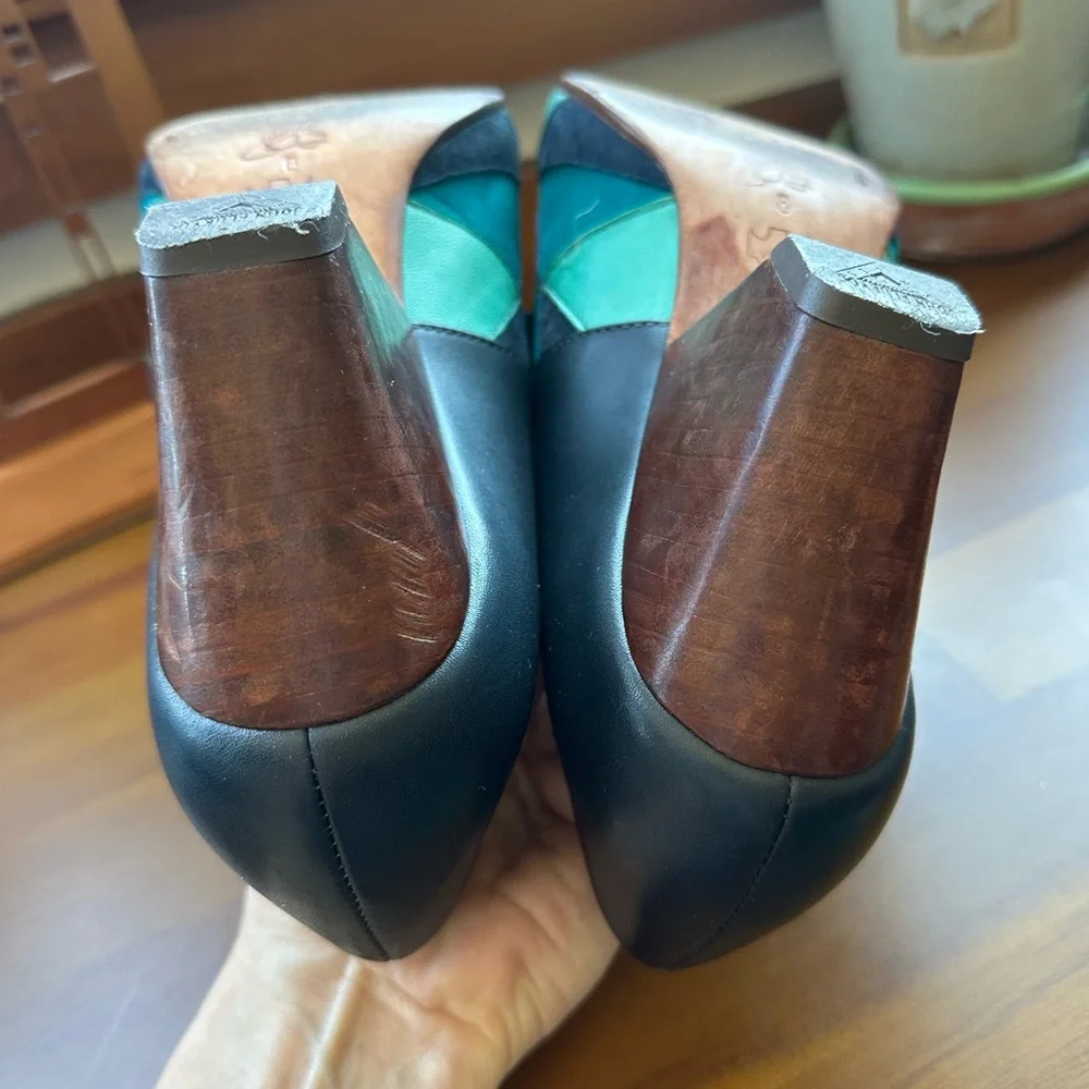 Fluevog EXCELLENT Purpose Scheme angular suede booties in turquoise/navy -7.5/8 - Picture 16 of 16